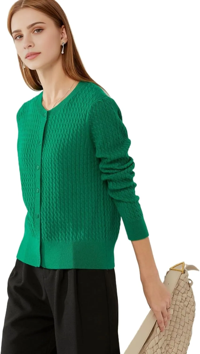 100% Cashmere Women's Cable Knit Cardigan Sweaters for Women Long Sleeve Crew Neck Warm Button Down