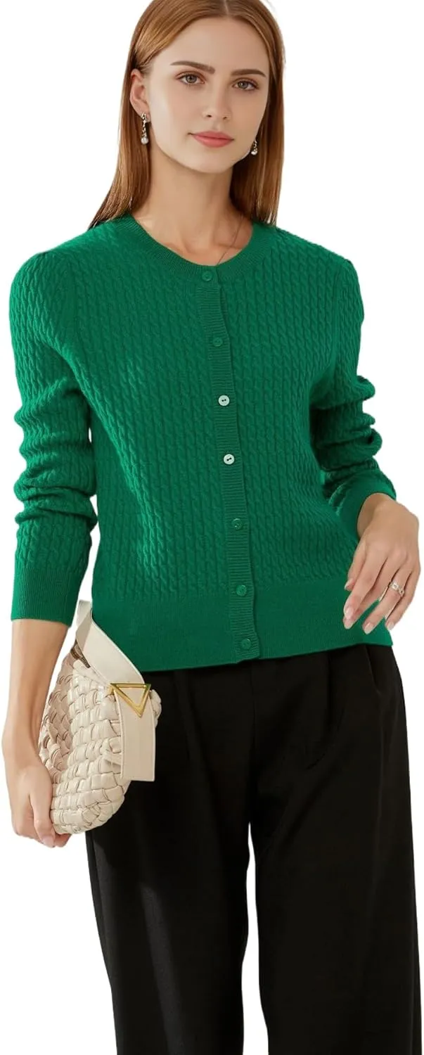 100% Cashmere Women's Cable Knit Cardigan Sweaters for Women Long Sleeve Crew Neck Warm Button Down
