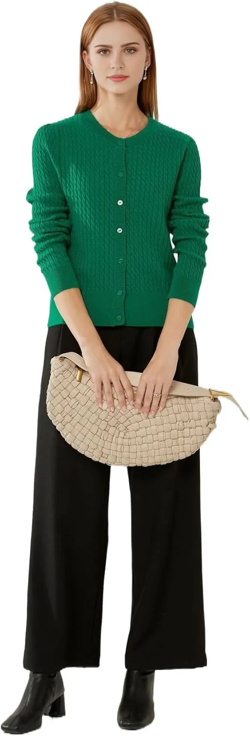 100% Cashmere Women's Cable Knit Cardigan Sweaters for Women Long Sleeve Crew Neck Warm Button Down