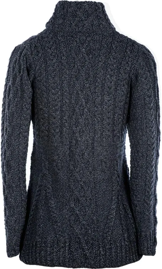 100% Irish Wool Women's Cable Knit Cardigan Sweater, Full Zip, Made in Ireland