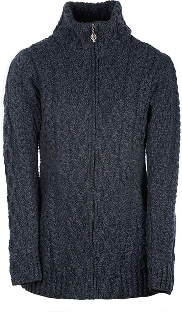 100% Irish Wool Women's Cable Knit Cardigan Sweater, Full Zip, Made in Ireland