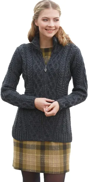 100% Irish Wool Women's Cable Knit Cardigan Sweater, Full Zip, Made in Ireland