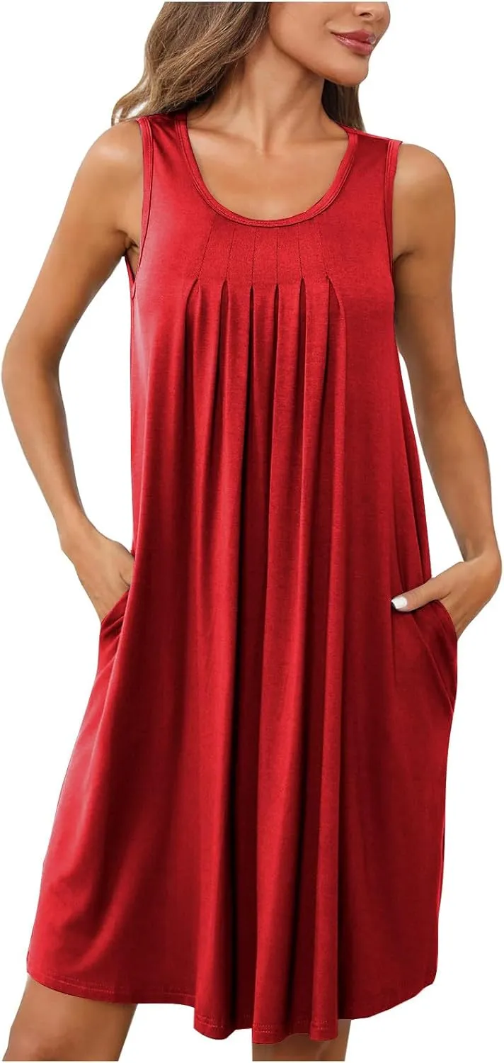 2024 Women's Loose Casul Sleeveless Solid Ruffle Crew Neck Sundresses with Pockets A-Line Beach Vacation Mini Dress