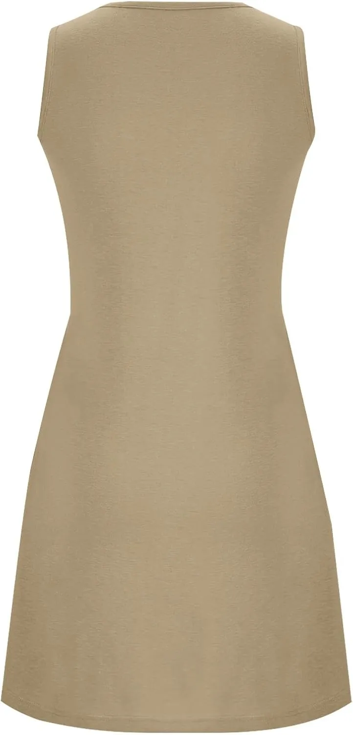 2024 Women's Loose Casul Sleeveless Solid Ruffle Crew Neck Sundresses with Pockets A-Line Beach Vacation Mini Dress