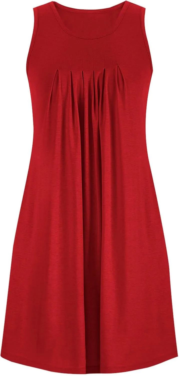 2024 Women's Loose Casul Sleeveless Solid Ruffle Crew Neck Sundresses with Pockets A-Line Beach Vacation Mini Dress