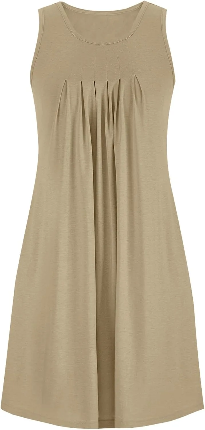 2024 Women's Loose Casul Sleeveless Solid Ruffle Crew Neck Sundresses with Pockets A-Line Beach Vacation Mini Dress