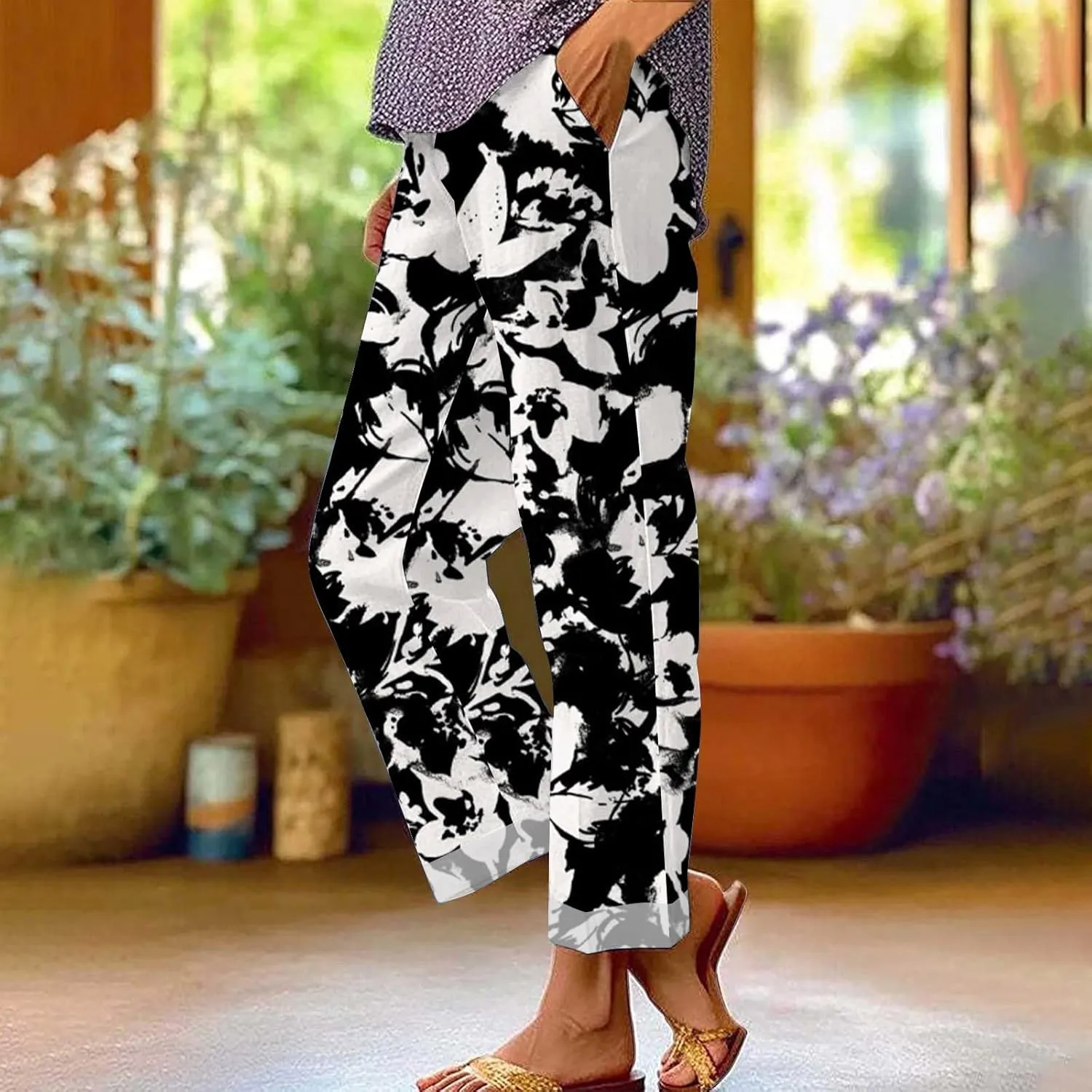 2025 Cotton Linen Pants Women Summer Elastic Waist Crop Pant Plus Size Straight Leg Slack Casual Trouser with Pocket