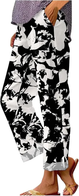 2025 Cotton Linen Pants Women Summer Elastic Waist Crop Pant Plus Size Straight Leg Slack Casual Trouser with Pocket