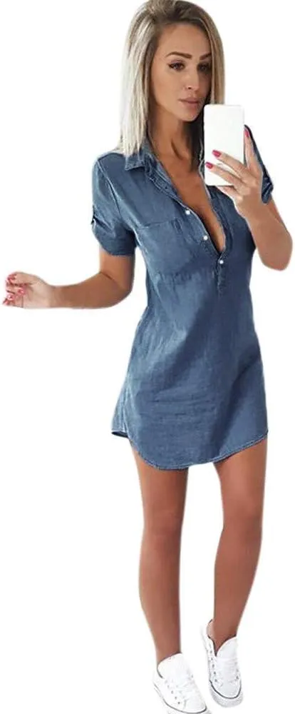 2025 Denim Shirt Dresses Short Sleeve Button Down Summer Trendy Sundresses Vacation Dress Modest Spring Casual Beach