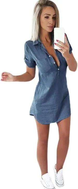 2025 Denim Shirt Dresses Short Sleeve Button Down Summer Trendy Sundresses Vacation Dress Modest Spring Casual Beach