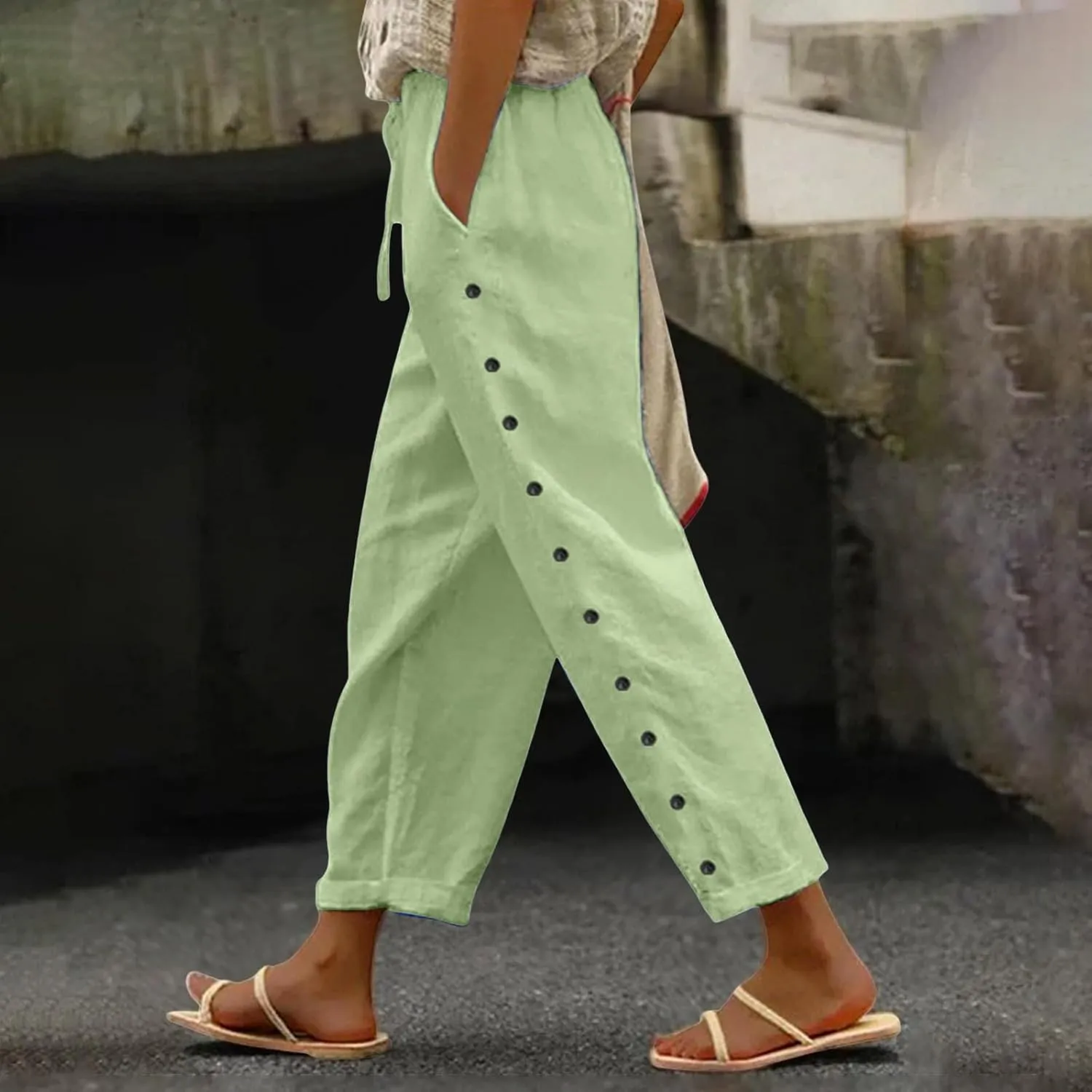 2025 Summer Linen Pants for Women Straight Leg Side Button Casual Pant Women Baggy Elastic Waist Trousers with Pocket