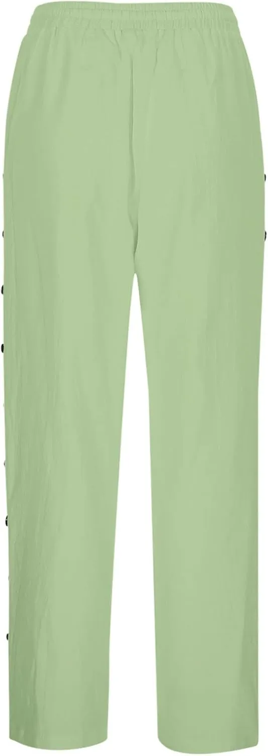 2025 Summer Linen Pants for Women Straight Leg Side Button Casual Pant Women Baggy Elastic Waist Trousers with Pocket