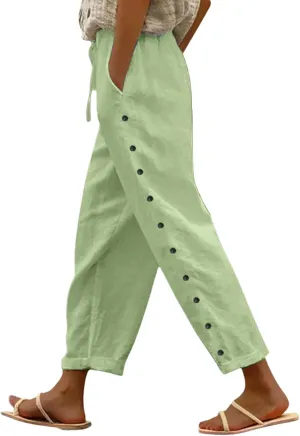2025 Summer Linen Pants for Women Straight Leg Side Button Casual Pant Women Baggy Elastic Waist Trousers with Pocket