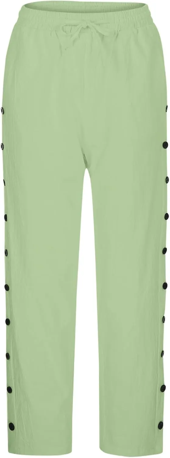 2025 Summer Linen Pants for Women Straight Leg Side Button Casual Pant Women Baggy Elastic Waist Trousers with Pocket