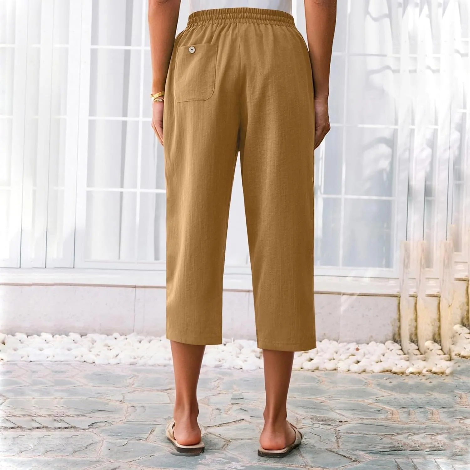 ADHOWBEW Women Capri Pants Cotton Casual Trendy High Waist Summer Comfy Wide Leg Flowy Lounge Bottoms with Pockets
