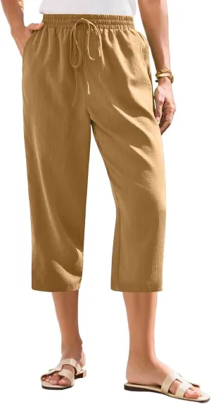 ADHOWBEW Women Capri Pants Cotton Casual Trendy High Waist Summer Comfy Wide Leg Flowy Lounge Bottoms with Pockets