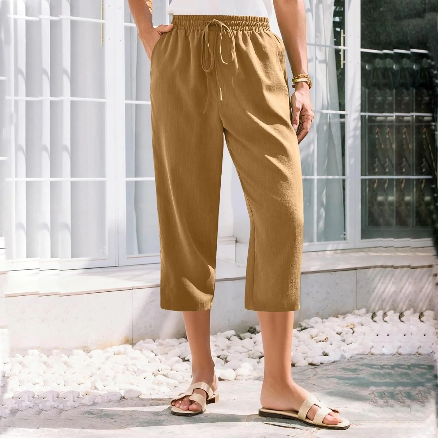 ADHOWBEW Women Capri Pants Cotton Casual Trendy High Waist Summer Comfy Wide Leg Flowy Lounge Bottoms with Pockets