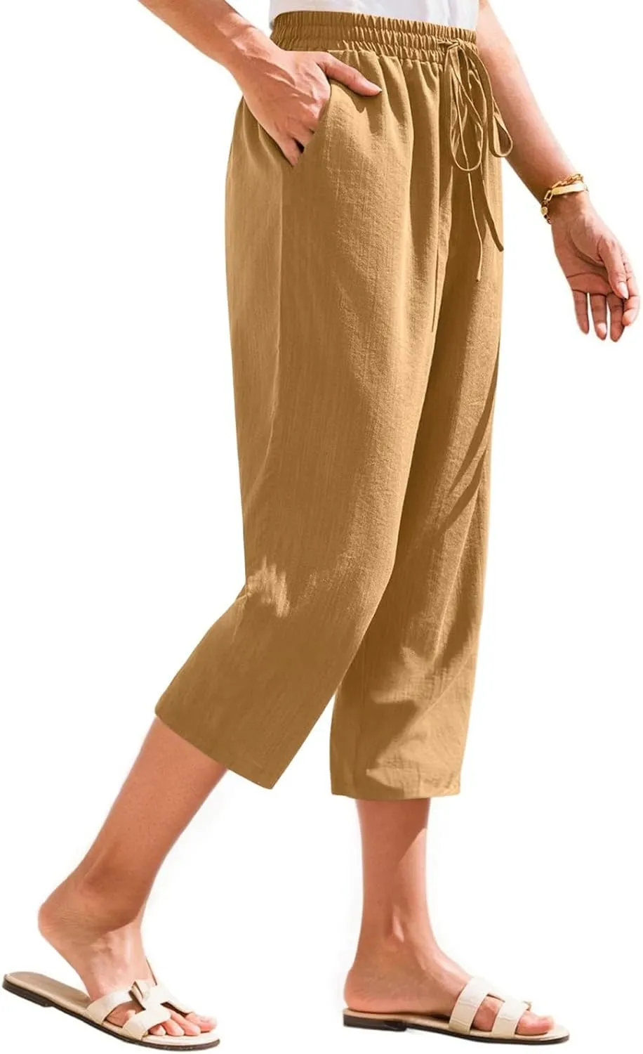 ADHOWBEW Women Capri Pants Cotton Casual Trendy High Waist Summer Comfy Wide Leg Flowy Lounge Bottoms with Pockets