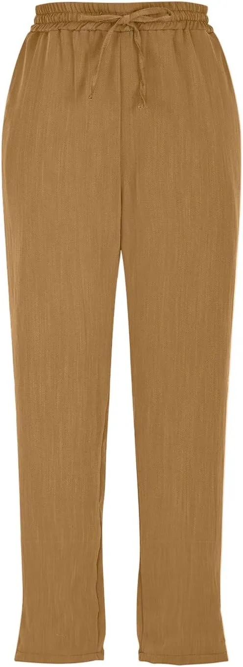 ADHOWBEW Women Capri Pants Cotton Casual Trendy High Waist Summer Comfy Wide Leg Flowy Lounge Bottoms with Pockets