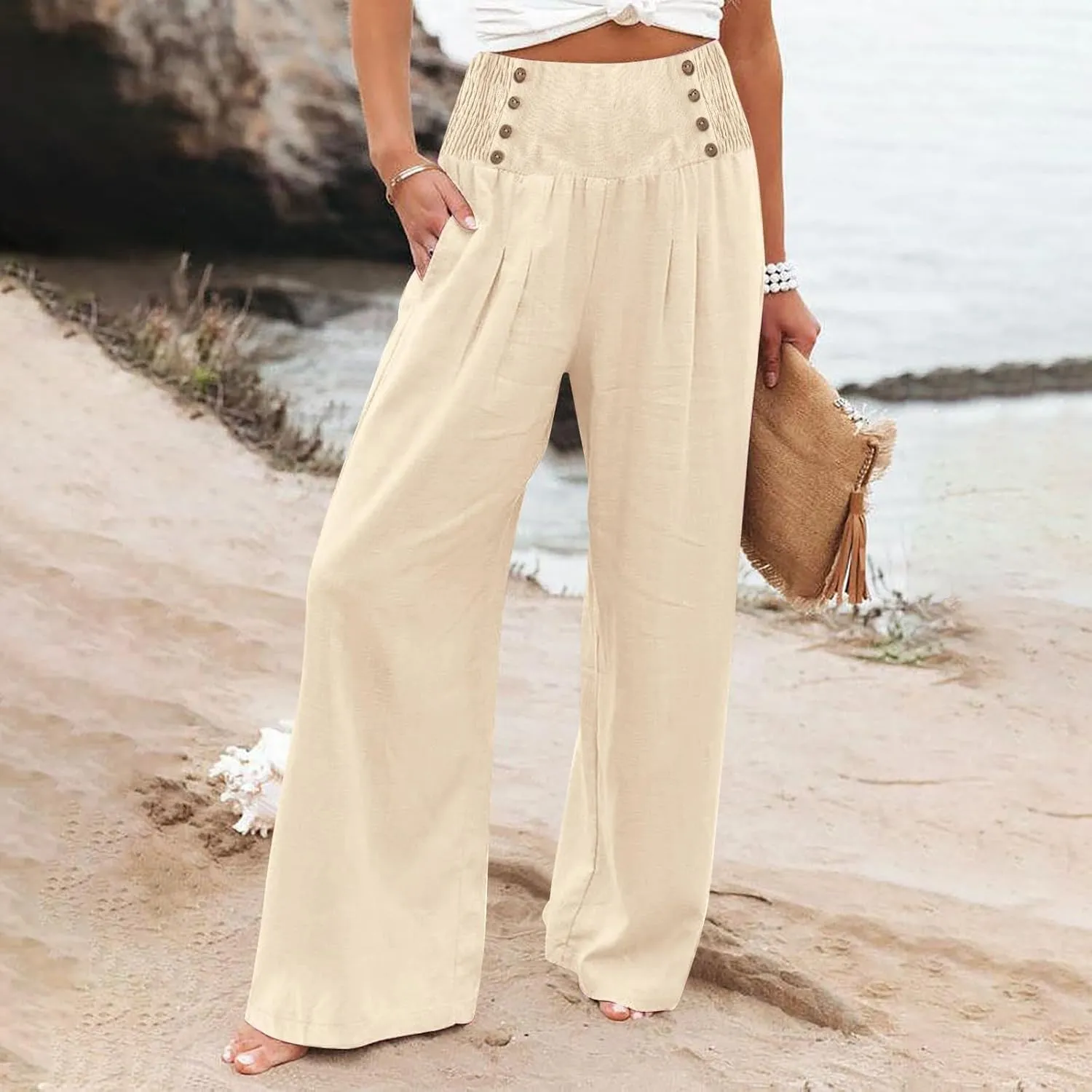 ADHOWBEW Womens Linen Pants Dressy High Waisted Cotton Work Lounge Plus Size Casual Petite Stretch Flowy Pants