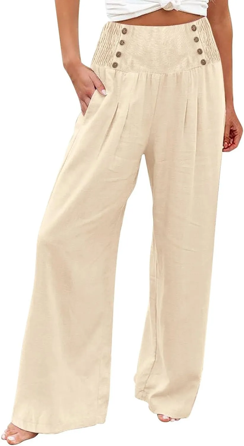 ADHOWBEW Womens Linen Pants Dressy High Waisted Cotton Work Lounge Plus Size Casual Petite Stretch Flowy Pants