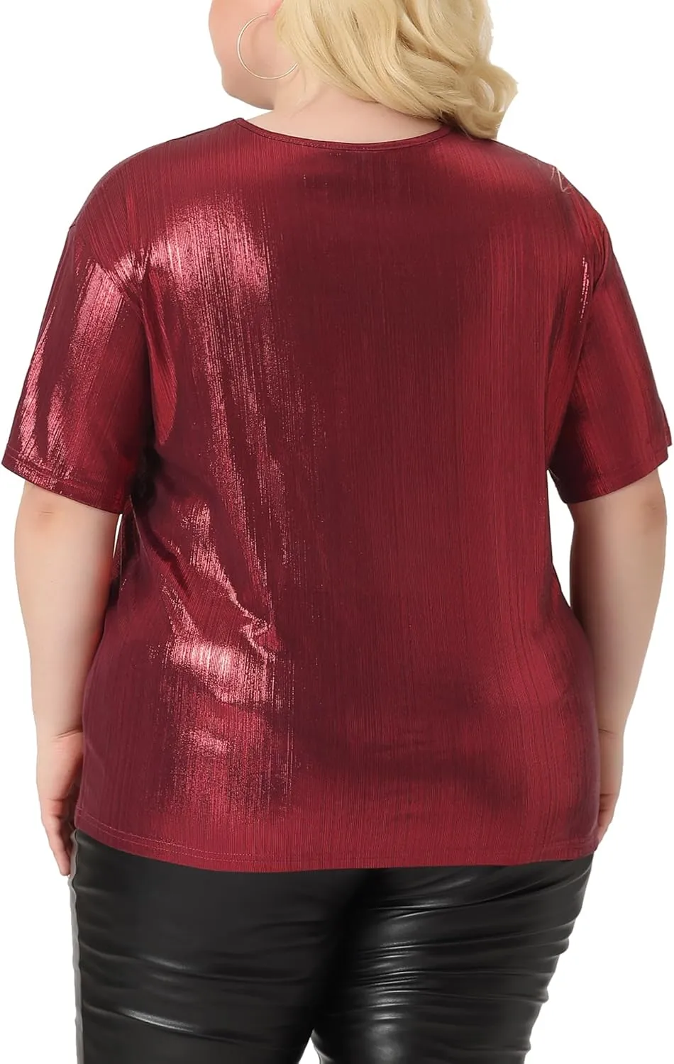 Agnes Orinda Plus Size Top Blouse for Women Metallic Round Neck Short Sleeve T-Shirt Party Blouses Tee Tops