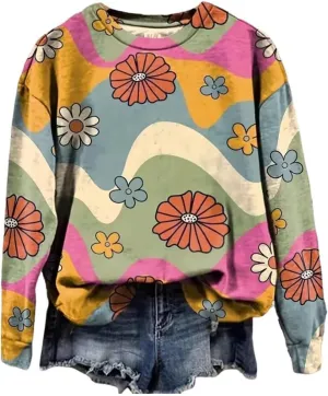 AIMITAG Fall Wildflower Sweatshirt Women Casual Long Sleeve Printed Flowers Shirts Boho Cottagecore Floral Autumn Pullover