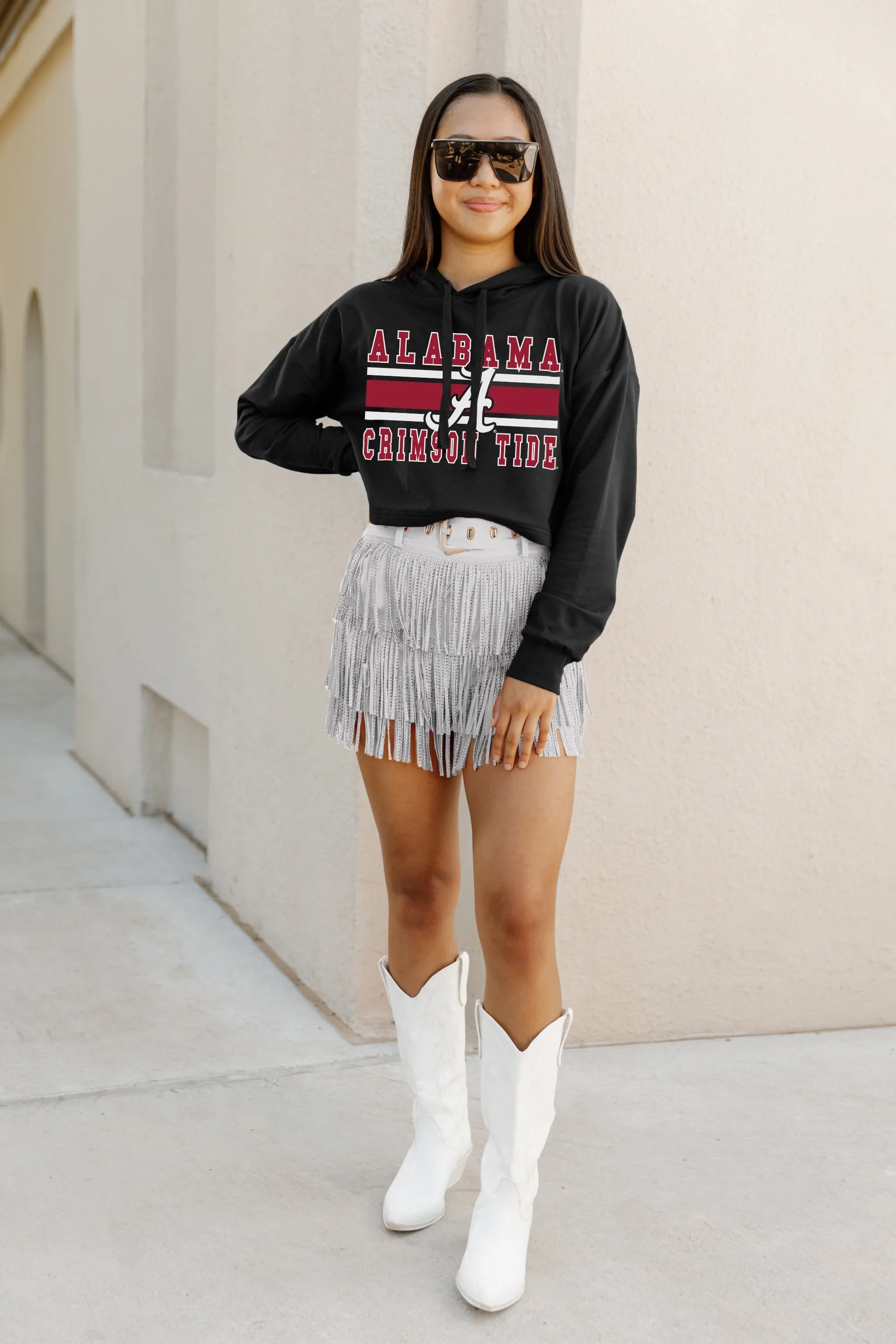 ALABAMA CRIMSON TIDE WAITING GAME RAW HEM CROPPED FLEECE HOODIE BY MADI PREWETT TROUTT