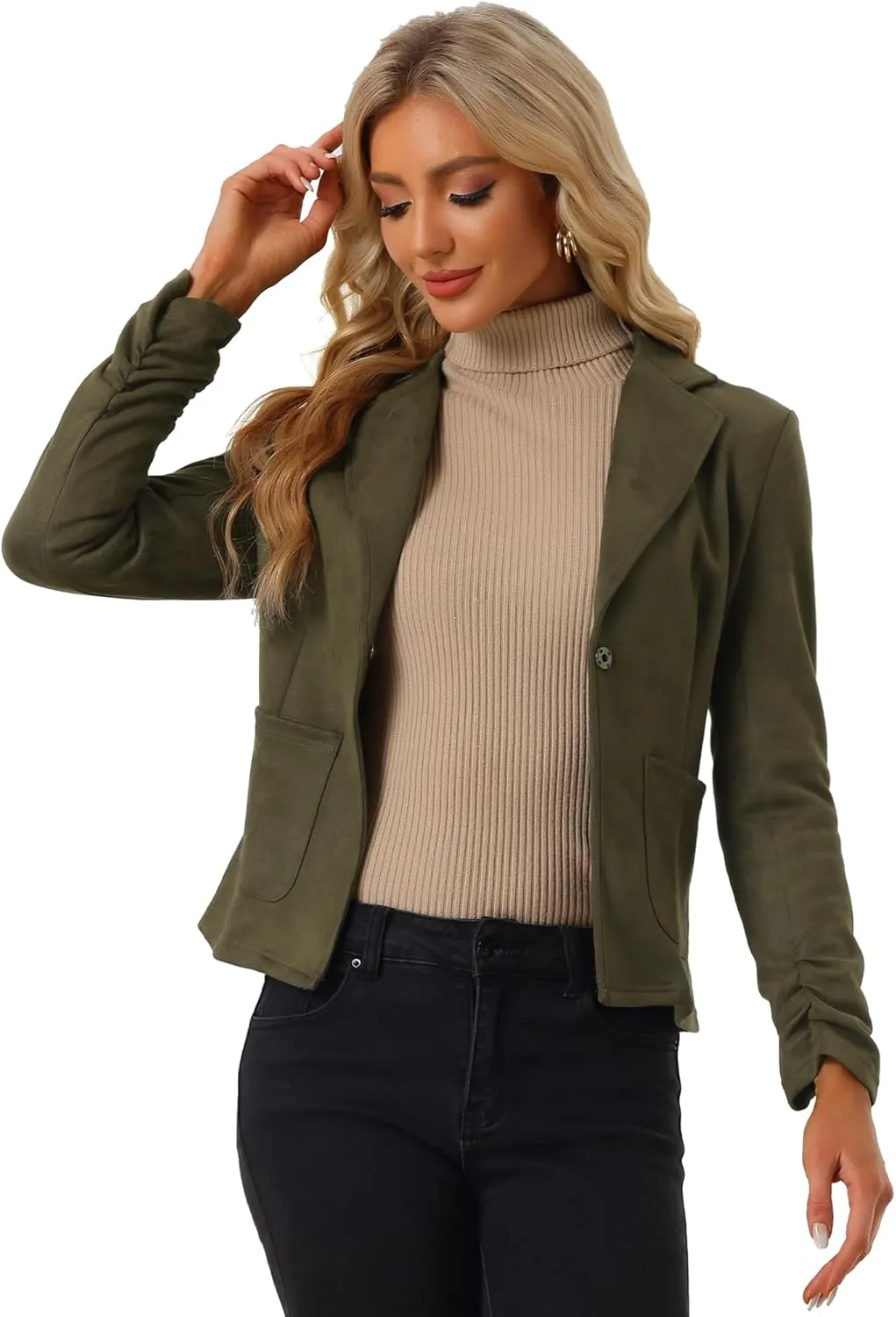 Allegra K Women's Long Sleeve Casual Open Front Drawstring Faux Suede Blazer