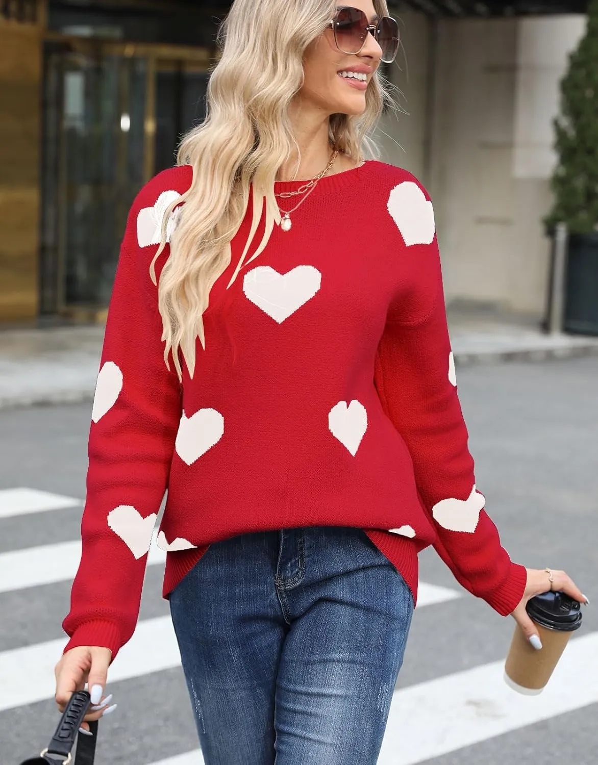 Alsol Lamesa Women's Cute Heart Sweater Pullover Long Sleeve Crewneck Casual Knitted Sweaters