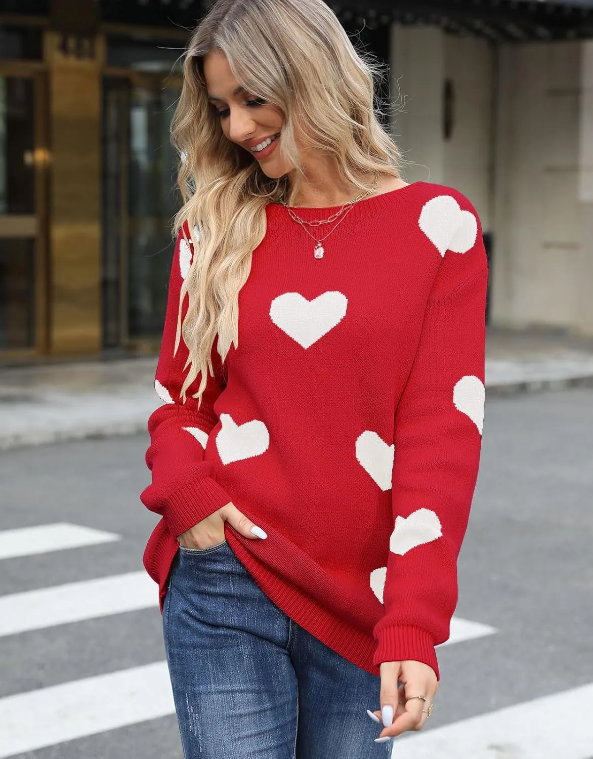 Alsol Lamesa Women's Cute Heart Sweater Pullover Long Sleeve Crewneck Casual Knitted Sweaters