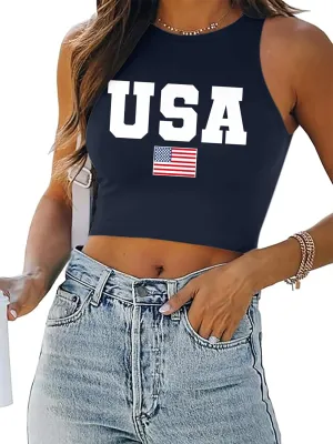 American Flag Crop Tank Tops Women: Patriotic Shirts USA Flag T-Shirt 4th of July Sleeveless Tee Tops