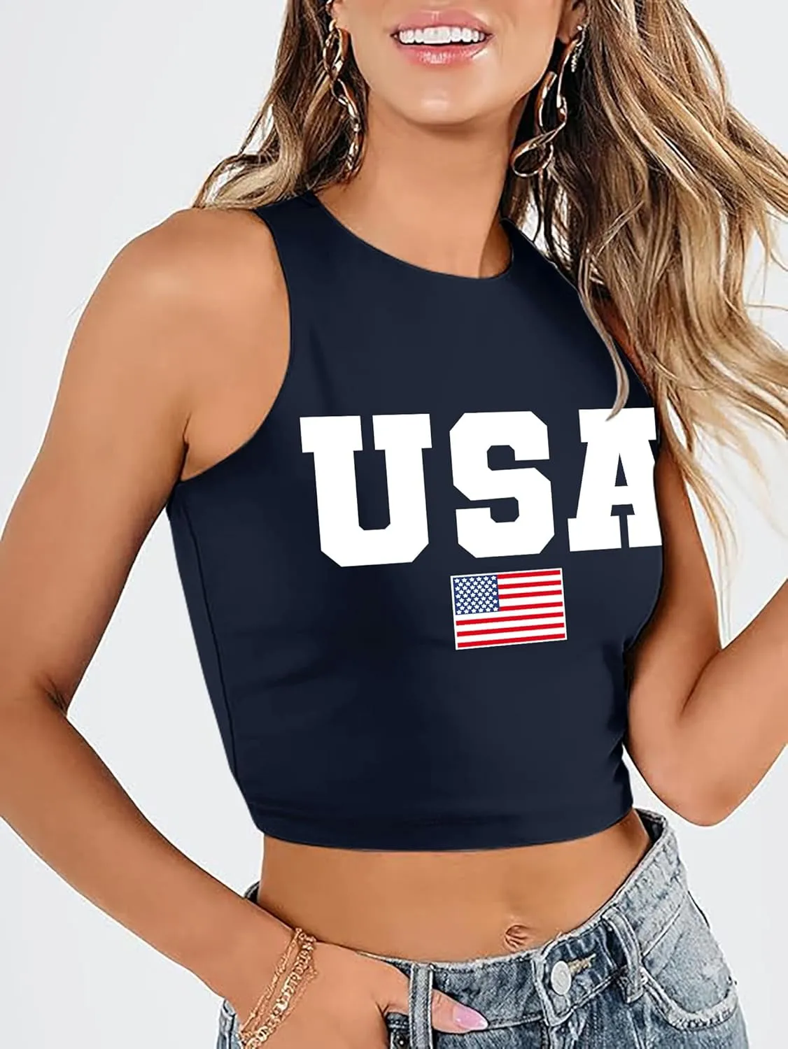 American Flag Crop Tank Tops Women: Patriotic Shirts USA Flag T-Shirt 4th of July Sleeveless Tee Tops
