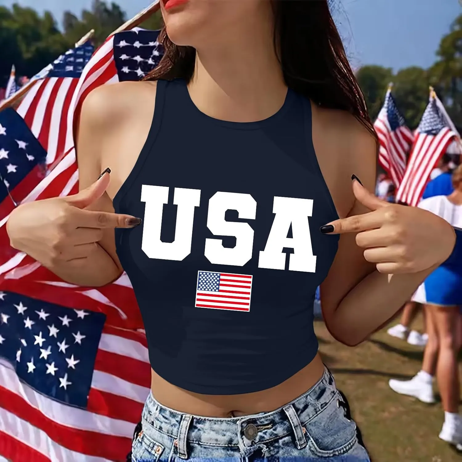 American Flag Crop Tank Tops Women: Patriotic Shirts USA Flag T-Shirt 4th of July Sleeveless Tee Tops