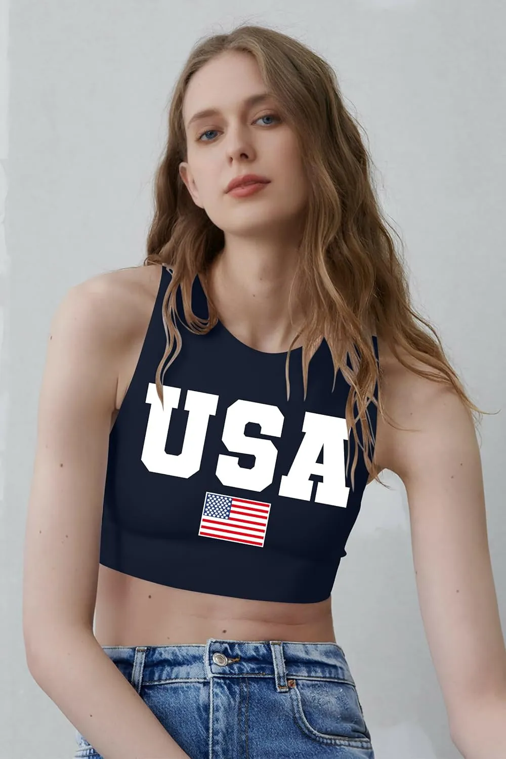 American Flag Crop Tank Tops Women: Patriotic Shirts USA Flag T-Shirt 4th of July Sleeveless Tee Tops