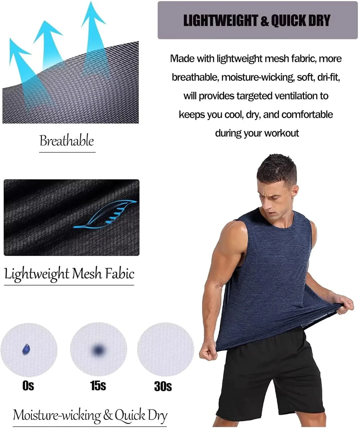 Amussiar Men's 3 Pack Workout Tank Tops Mesh Gym Sleeveless Dry Fit Bodybuilding Shirts Fitness Athletic Muscle Tee