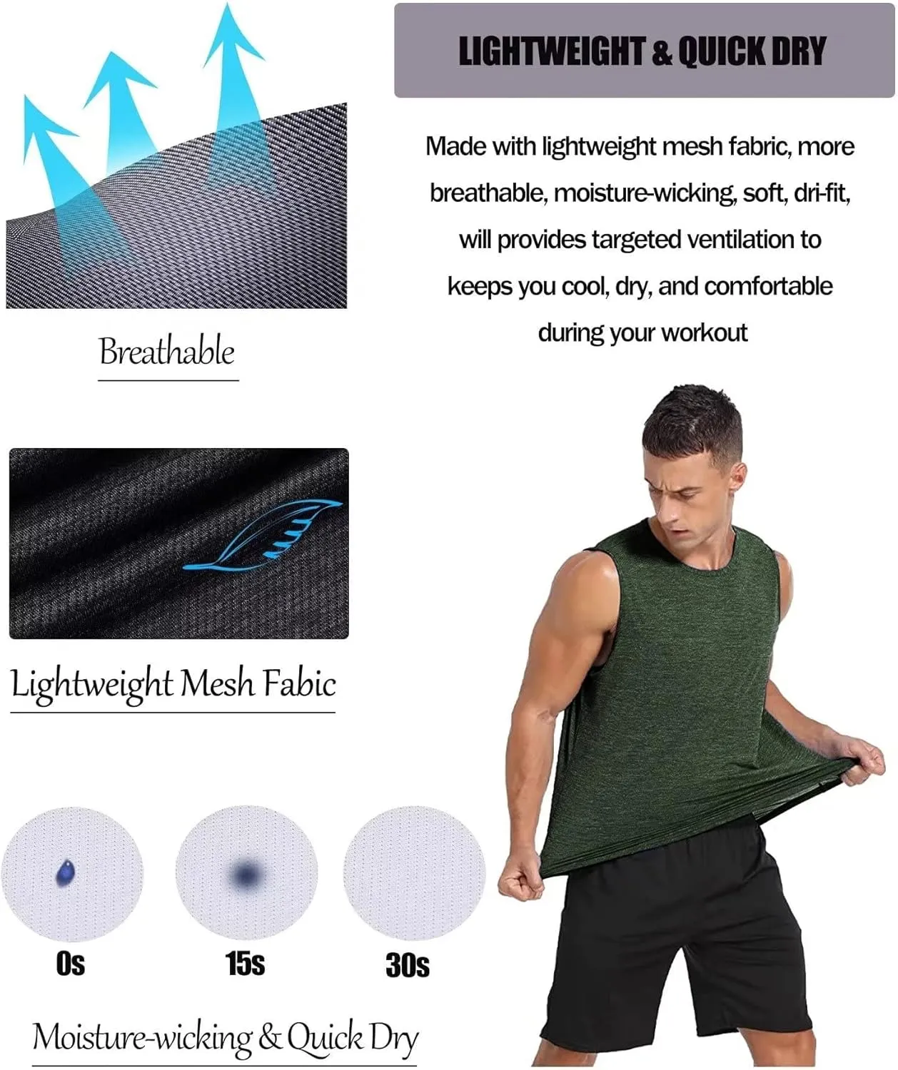 Amussiar Men's 3 Pack Workout Tank Tops Mesh Gym Sleeveless Dry Fit Bodybuilding Shirts Fitness Athletic Muscle Tee