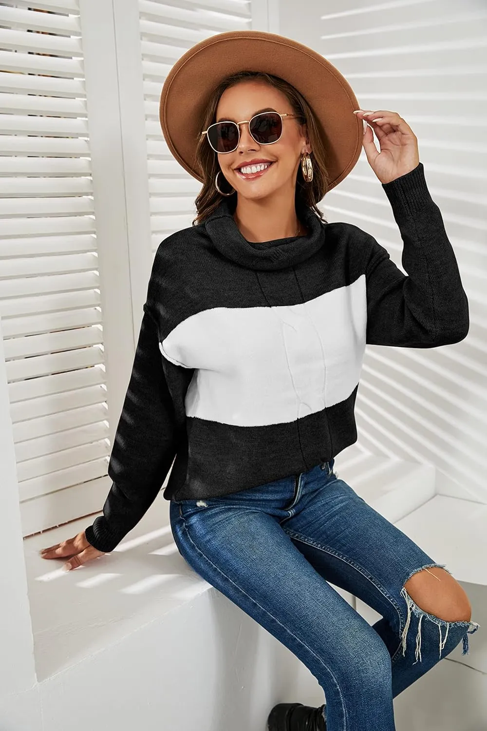 ANCAPELION Womens Casual Sweater Pullover Winter Cozy Long Sleeve Turtleneck Jumpers Color Block Knit Pullover Top Loose Fit