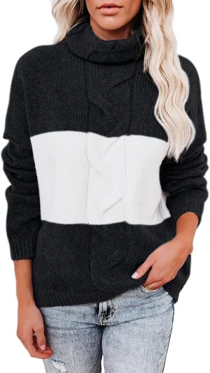 ANCAPELION Womens Casual Sweater Pullover Winter Cozy Long Sleeve Turtleneck Jumpers Color Block Knit Pullover Top Loose Fit