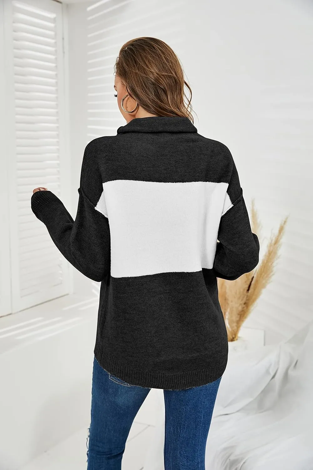ANCAPELION Womens Casual Sweater Pullover Winter Cozy Long Sleeve Turtleneck Jumpers Color Block Knit Pullover Top Loose Fit
