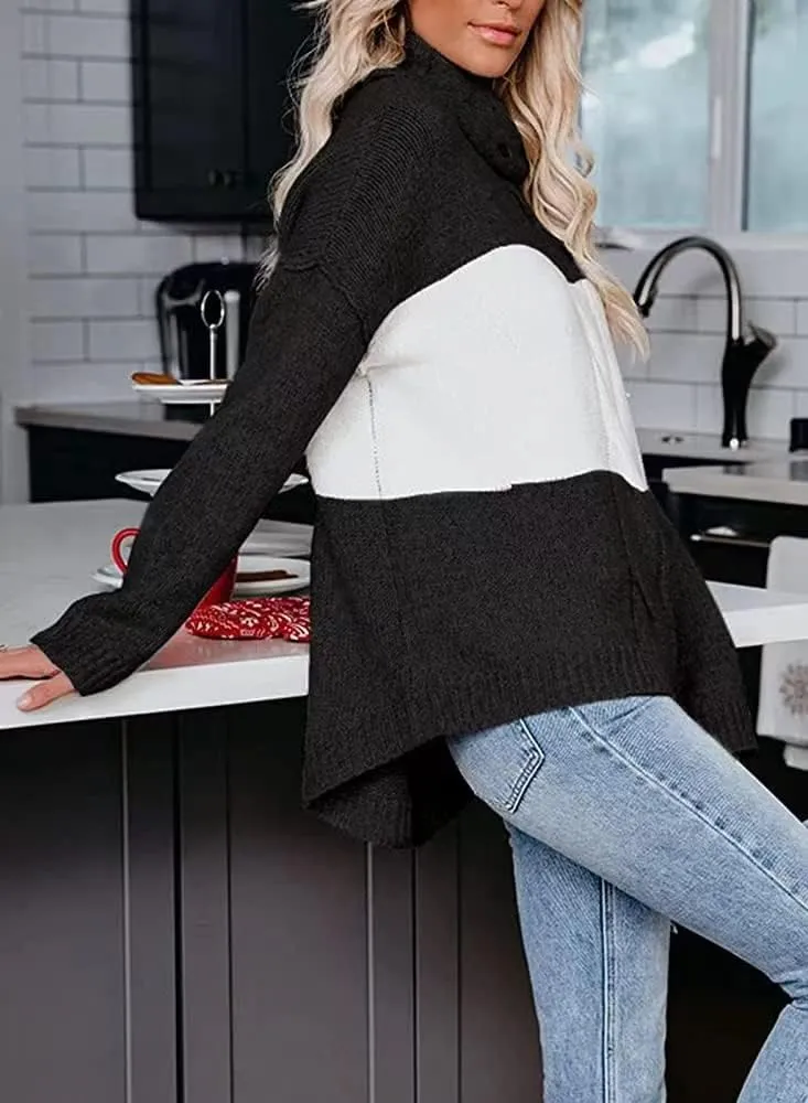 ANCAPELION Womens Casual Sweater Pullover Winter Cozy Long Sleeve Turtleneck Jumpers Color Block Knit Pullover Top Loose Fit