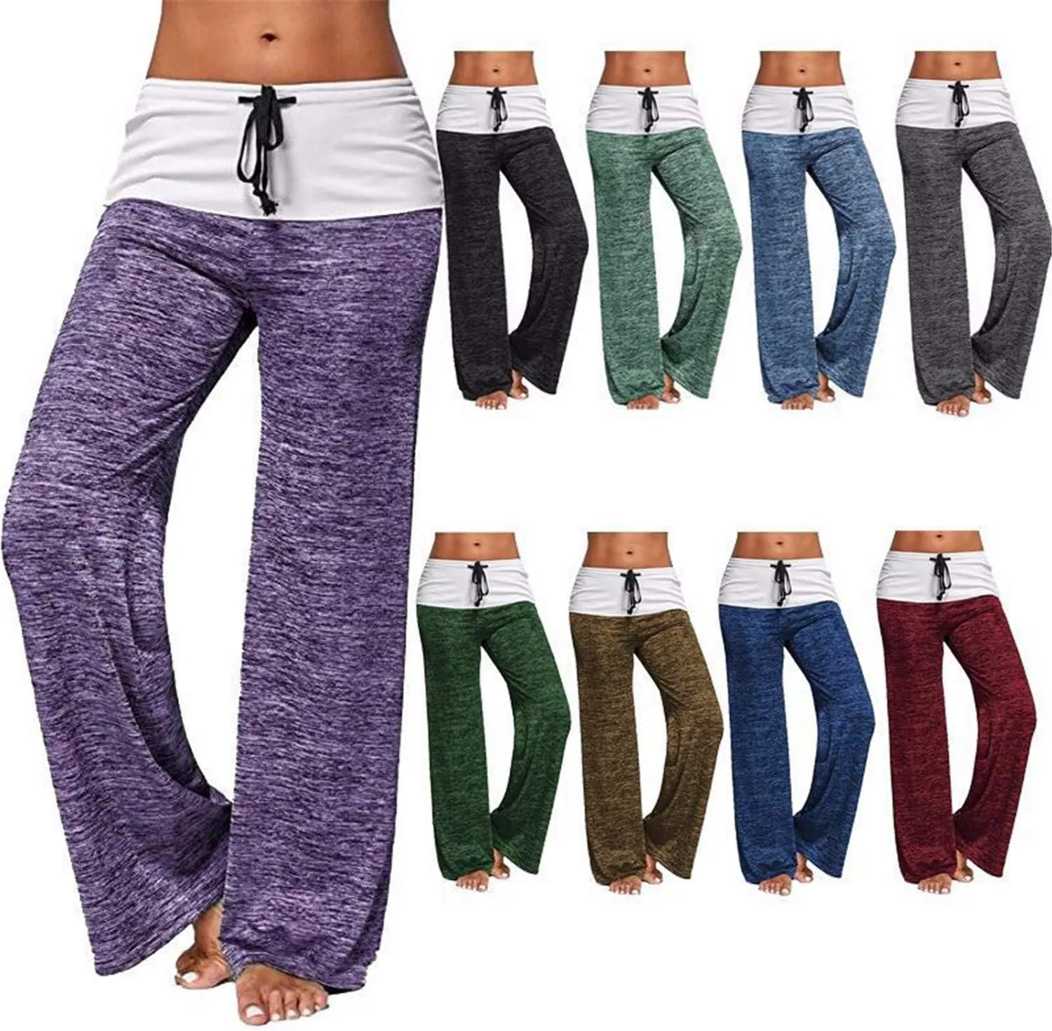 Andongnywell Clearance Women High Waist Drawstring Wide Leg Pants Casual Loose Trousers