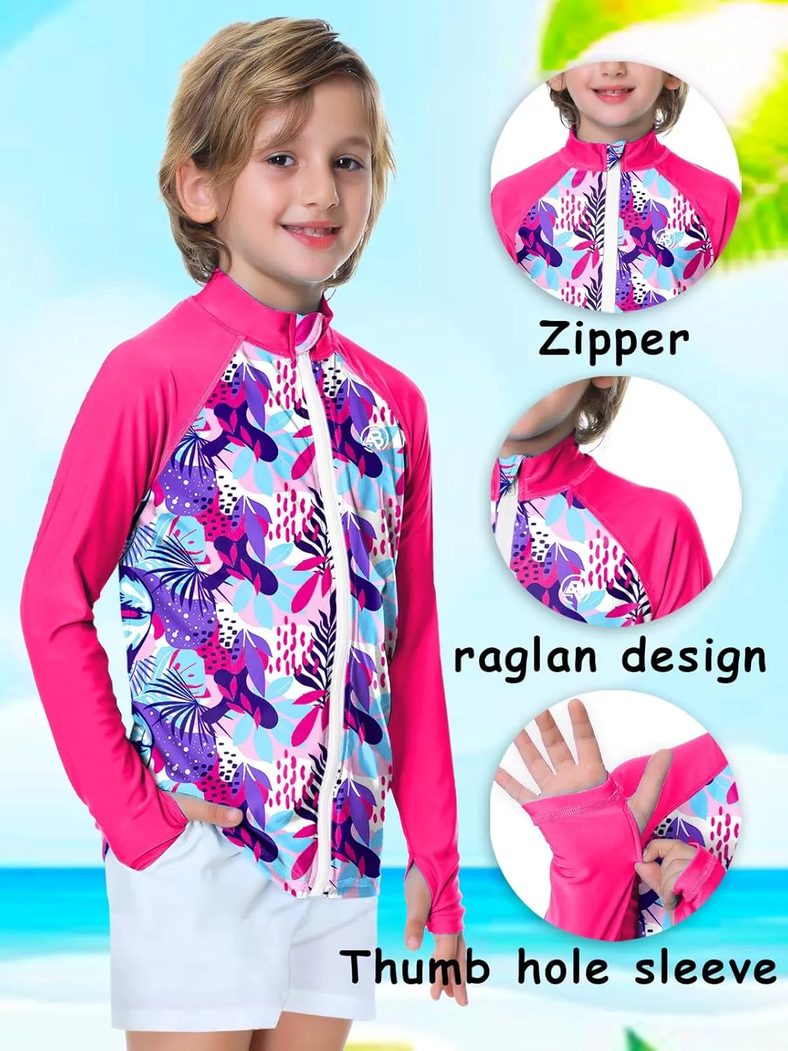 AOBUTE Unisex Kids Zipper Rash Guard Boys UPF 50  UV Protection Sun Shirt with Thumb Hole 3-12 Years