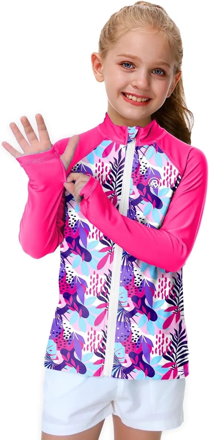 AOBUTE Unisex Kids Zipper Rash Guard Boys UPF 50  UV Protection Sun Shirt with Thumb Hole 3-12 Years