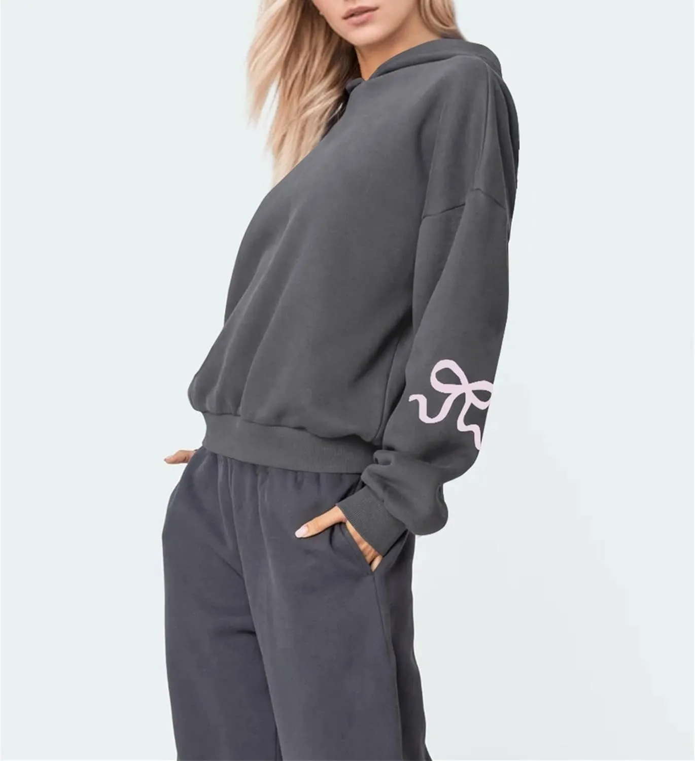 Aopwsrlyi Women's Cute Bow Hoodie Oversized Long Sleeve Fleece Hooded Sweatshirt Trendy Drop Shoulder Pullover Tops