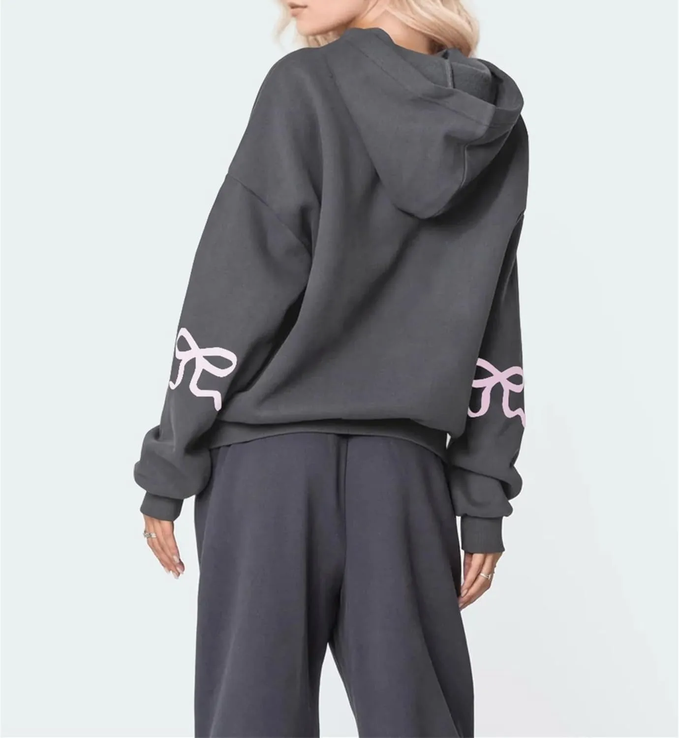 Aopwsrlyi Women's Cute Bow Hoodie Oversized Long Sleeve Fleece Hooded Sweatshirt Trendy Drop Shoulder Pullover Tops
