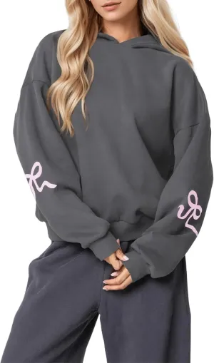 Aopwsrlyi Women's Cute Bow Hoodie Oversized Long Sleeve Fleece Hooded Sweatshirt Trendy Drop Shoulder Pullover Tops
