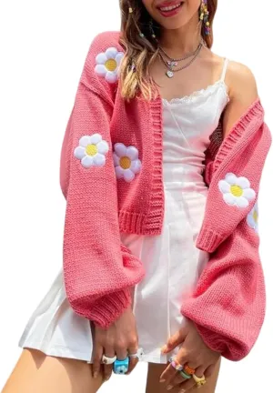 Arssm Y2K Womens Flower Cardigan Sweater Long Sleeve Knit Cropped Cardigan Open Front Cute Shrug Fall Sweater 90s Outfits