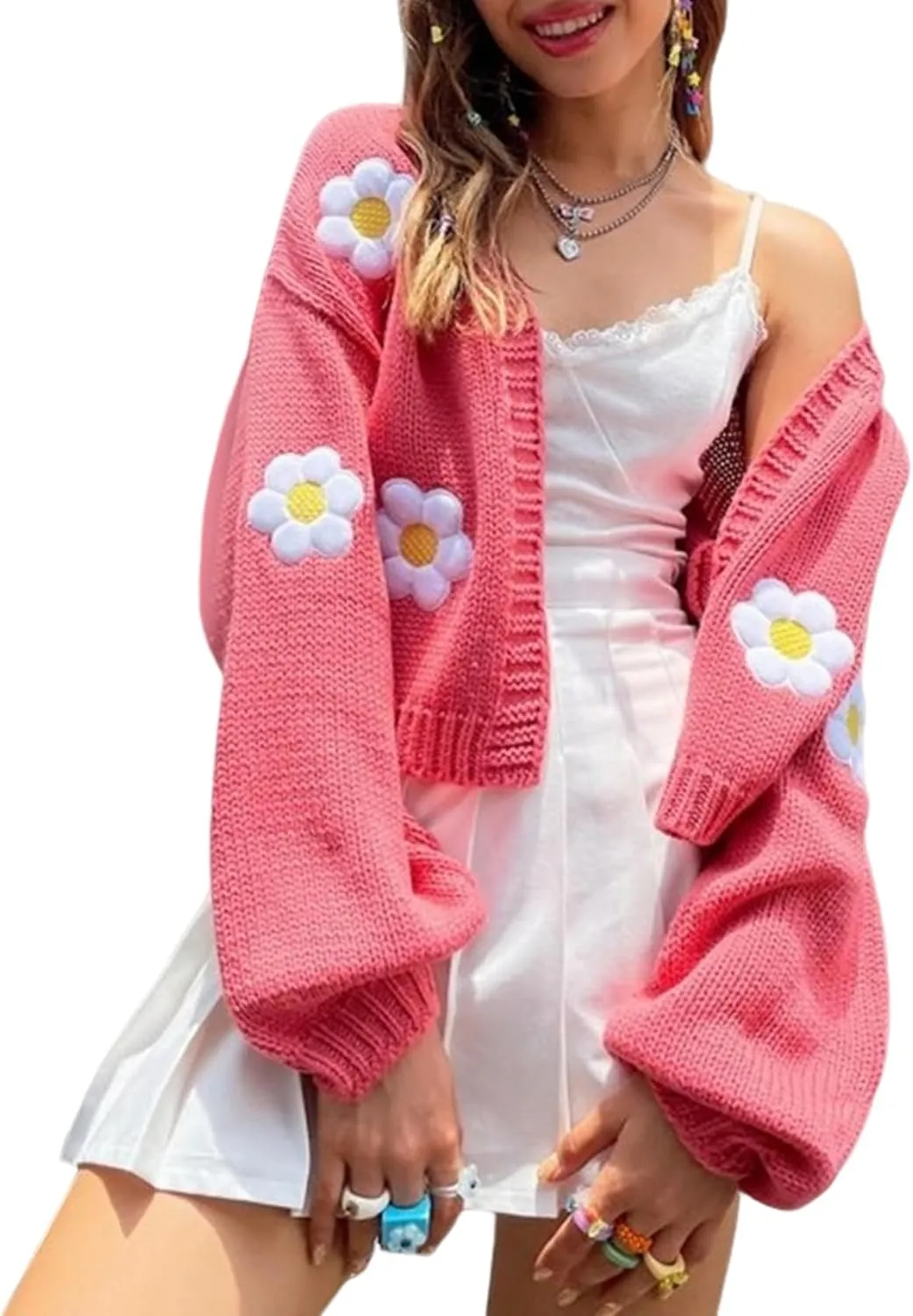 Arssm Y2K Womens Flower Cardigan Sweater Long Sleeve Knit Cropped Cardigan Open Front Cute Shrug Fall Sweater 90s Outfits