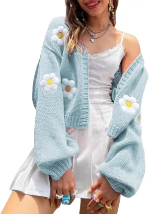 Arssm Y2K Womens Flower Cardigan Sweater Long Sleeve Knit Cropped Cardigan Open Front Cute Shrug Fall Sweater 90s Outfits
